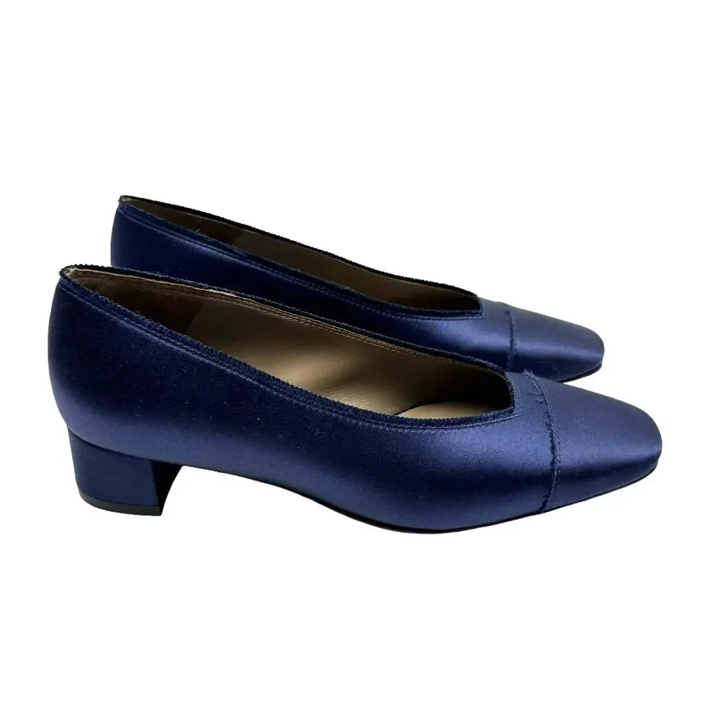 Pedro Garcia Eladia NEW Navy Silk Satin Low Block Heel Slip On Pump $550
